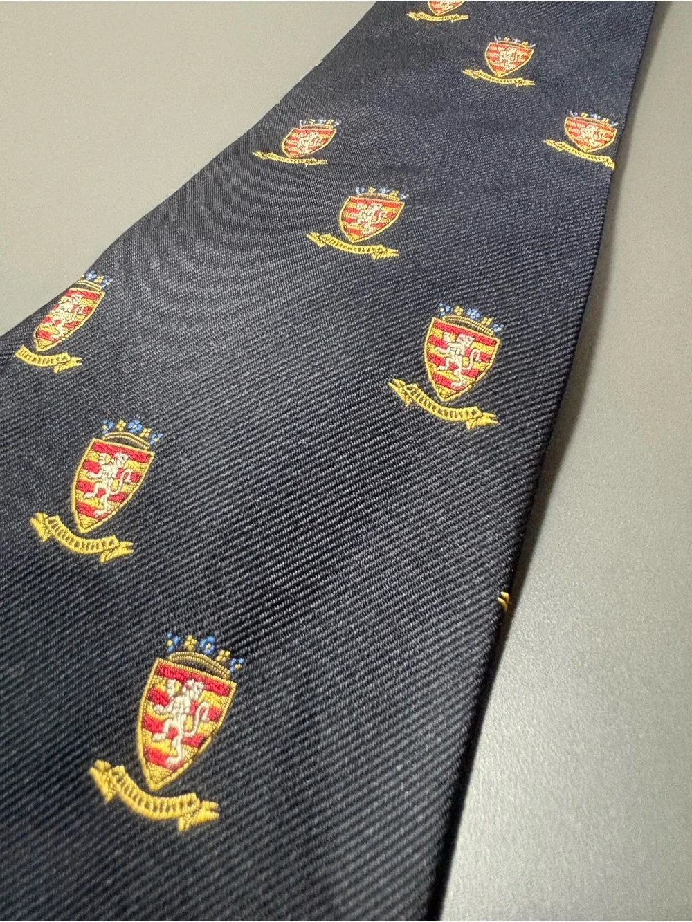 POLO RALPH LAUREN Navy Silk Tie with Gold and Red Crest Motif